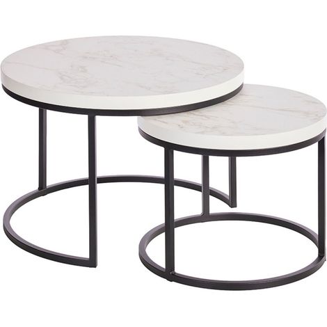 Table Basse Gigogne Aspect Bois finition marbre blanc Piètement Métal Noir - MARMOL