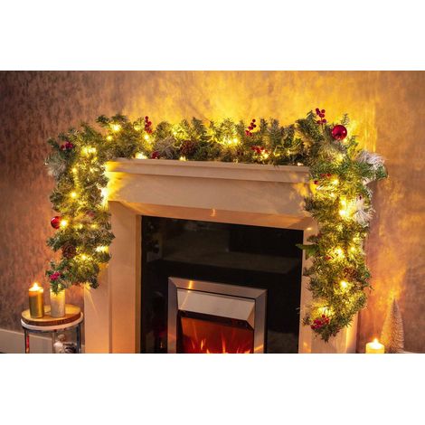 Snow Topped LED Faux Pine Luxury Pre-Lit Christmas Garland Festive Wreath Xmas Deluxe Decor Lighting Warm White Fireplace Decoration Ornamental Garlands Mains Powered 270cm) (1/5)