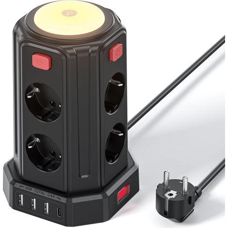 12 en 1 Multiprise avec Interrupteur (3600W/16A), 2M Tour Multiprise with 4 USB Ports and 8 Sockets, avec Lumière pour Le Bureau et la Maison (1/5)