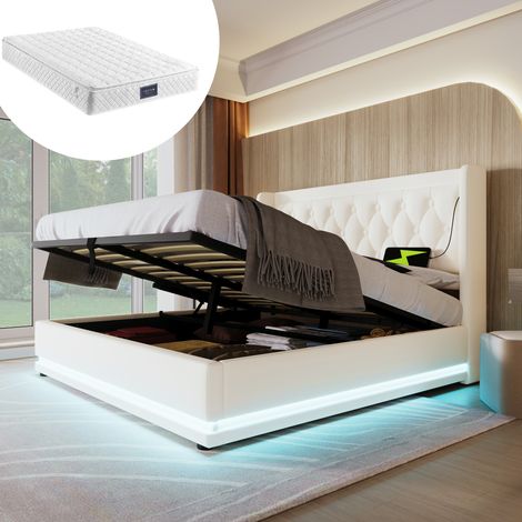 FLORAGRACE Lit coffre 140x200 cm en PU blanc avec rangement hydraulique, LED, USB-C (1/5)