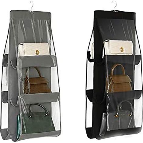 Organiseur de Sac à Main Suspendu, 2 pièces 6 Poches Anti-poussière, Sac de Rangement pour Armoire, Placard, système d’organisateurs économisant de l’Espace, Lavable (Noir+Gris)