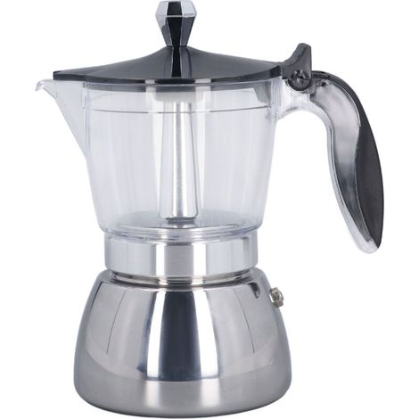 Cafetera para estufa, 6 tazas, tipo moka, acero inoxidable ABS transparente, para oficina y hogar. (1/5)