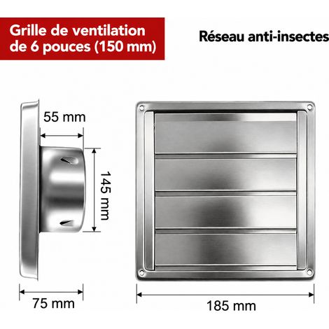Grille d'aération murale inox 304 persiennes double couche sans grille 150mm 6 pouces bouche ventilation 19 × 19 × 9 cm – Livraison gratuite (1/5)