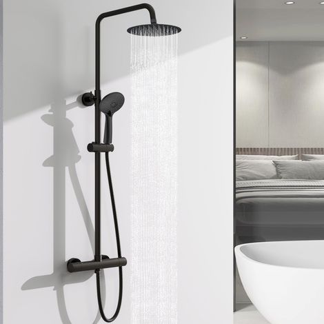 OCEAN Colonne de douche thermostatique noir mat avec pomme de douche ronde, hauteur réglable, système de douche thermostatique moderne, convient à toutes les salles de bains (1/5)