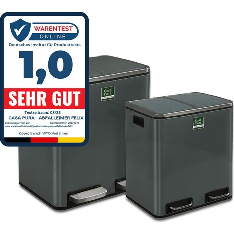 Casa Pura – Poubelle à pédale 2 x 30 litres – Système de séparation des déchets – Amortisseur de fermeture – Acier inoxydable anthracite