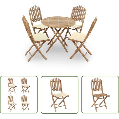 The Living Store Mobilier à dîner d'extérieur pliable 5 pcs avec coussins bambou - Salon De Jardin - Mobilier De Jardin - Set De Table - Meubles De Jardin - Table Pliante (1/5)