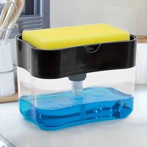 Distributeur de savon à vaisselle (Gris G863A) pour la cuisine, distributeur de savon liquide avec porte-éponge et pompe à savon. (1/5)