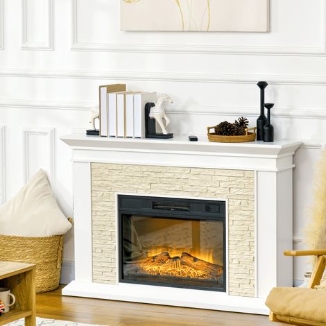 Chimenea Eléctrica con Calefacción 1800W Efecto de Llama con Control Remoto Temporizador 120x24x80 cm Blanco (1/5)