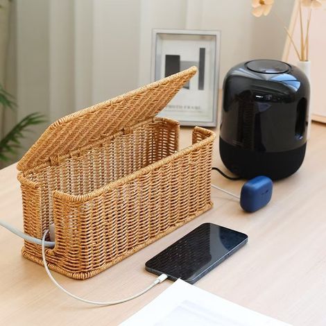 Kabelaufbewahrungsbox im nordischen Stil für den Schreibtisch, Aufbewahrungskorb für Steckdosen in Rattanoptik, verdeckter Kabelorganizer, 31,5 x 13 x 13 cm (1/4)
