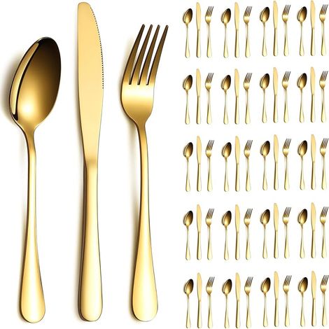 60-teiliges goldenes Besteckset für 20 Personen, Messer, Löffel und Gabeln aus Edelstahl, ideal für Hochzeiten, Partys, Veranstaltungen, Zuhause und als Geschenk zu Thanksgiving (1/5)