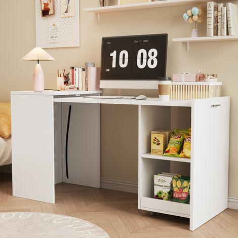 Tavolo scrivania pieghevole in PB bianco 126 x 55 x 72,5 cm, 2 in 1 con contenitore e ruote (1/5)
