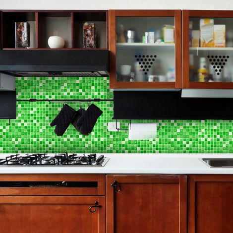 Sticker Mural Carrelage adhésif Cuisine Salle de Bain - 9 STICKERS CARREAUX DE CIMENT MOSAÏQUES NUANCE DE VERT - 9stickers15x15cm (1/5)