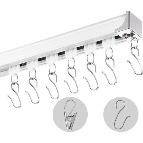 Ensemble de rails de rideaux de plafond, 1,8 m, système de rails de plafond coulissants pour rideaux, séparateur de pièce fixé au plafond/au mur pour chambre avec crochets, quincaillerie, blanc (1/5)