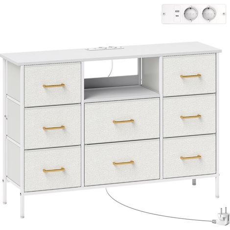 Commode avec 8 tiroirs en tissu et station de charge intégrée, cadre en acier, crème blanche, pour salon, couloir, chambre et bureau (1/5)