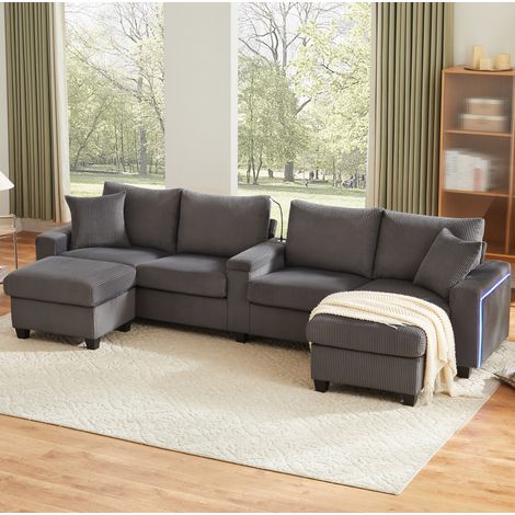 Divano a U in velluto a coste grigio con 2 pouf, LED e USB/Type-C (1/5)