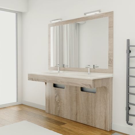 Cuisibane – Meuble double vasque 140 cm avec miroir LED – Corps en panneaux mélaminés cambrian oak – Plan en résine avec trop plein moulé