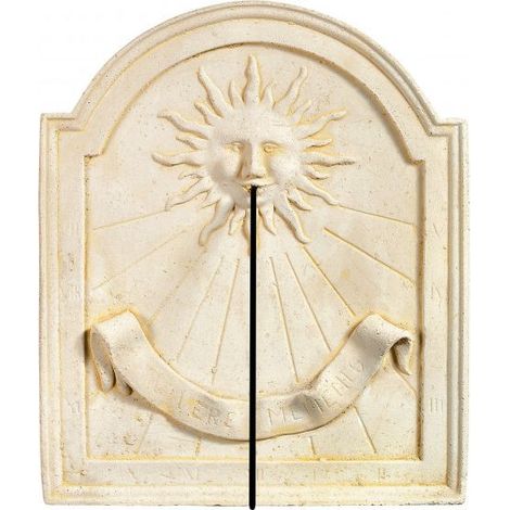 QEM – Cadran solaire en pierre naturelle vieillie 35cm – Accroche murale avec tige en métal – Horloge décorative pour extérieur