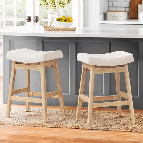 Barhocker 2er Set 61 cm Sitzhöhe, Küchenhocker mit Stoffbezug und Holzbeinen, Beige (1/5)