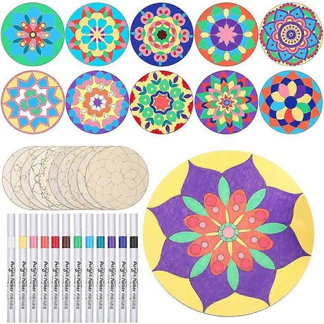 Mandala-Malset aus Holz (22-teilig): 10 Mandala-Ausschnitte aus Rohholz mit 12 Stiften zum Basteln, Mandala-Holzscheiben. (1/5)