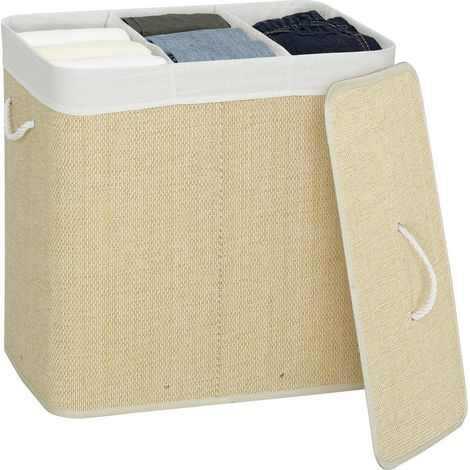 Pour la maison, transport aisé : bac à linge 144L en bambou avec 3 bacs de tri, sac amovible et couvercle (1/5)