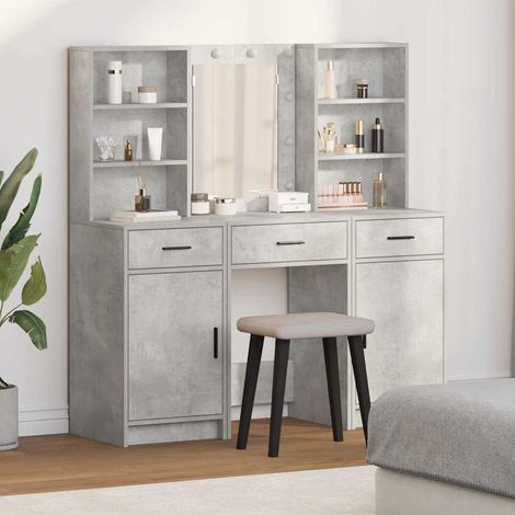 Schminktischset mit LED mit Tür 3 pcs Beton Grau Holzwerkstoff