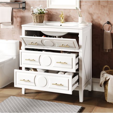 Mobile lavabo bianco 81 x 46,5 cm con lavabo in ceramica, 3 cassetti, OKWISH (1/5)