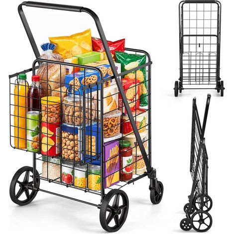 Double Panier et Doublure Étanche Transport Facile Chariot de Supermarché Pliable 50 kg pour Linge Épicerie (1/5)