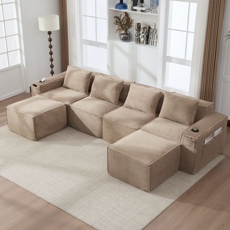 Sofá modular 330/162/75 cm de pana color kaki con 2 otomanas, portavasos y bolsillos laterales (1/5)
