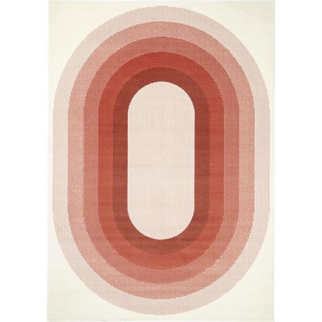 Tapis 160 x 225 cm, motif géométrique ovale arches concentriques, dégradé beige rose poudré corail terracotta, style rétro années 70, tissé résistant