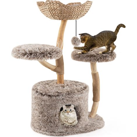 COSTWAY Albero per Gatti in Legno di Pero 105cm, Torre per Gatti con Tiragraffi in Sisal, Piattaforme e Pallina Pendente, Cuccia per Animali Domestici