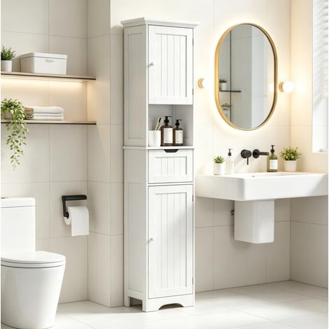 Colonne salle de bain 40x30x170 cm en MDF blanc, avec LED, pour salle de bain FloraGrace (1/5)