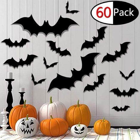 Halloween Chauve-souris Stickers Mur Art Autocollant 3D Fournitures de Fête Halloween Décoration 60 pcs (Noir) (1/5)