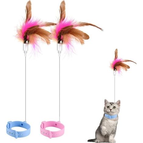 Jouet Teaser pour Chat, Baguette pour Chat Rétractable Jouets en Plumes de Chat avec Collier en Silicone (Bleu, Rose) (1/4)