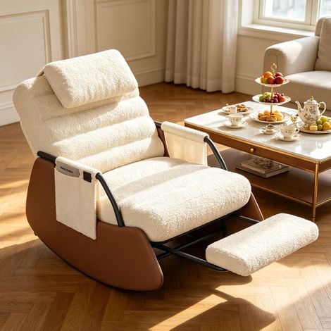 Fauteuil à bascule en velours côtelé beige – avec repose-pieds – dossier réglable en trois positions – coussin d'assise épais – design ergonomique (1/5)