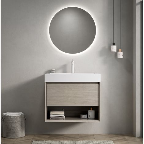 Mobile lavabo sospeso 70 cm in resina e multistrato rovere chiaro con lavabo bianco integrato, 1 cassetto e 1 vano aperto (1/5)