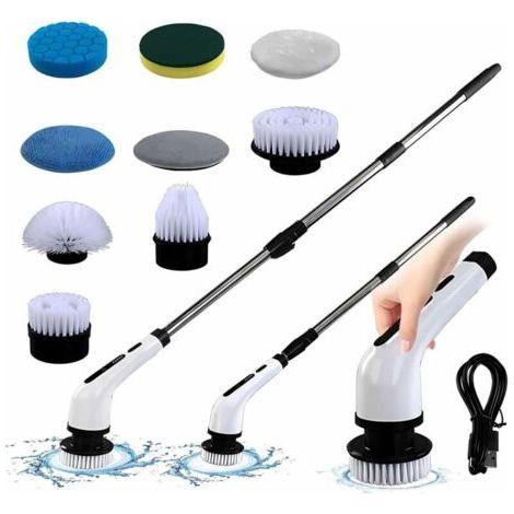 Brosse à récurer électrique sans fil XL avec 9 têtes remplaçables et extension de 95-120 cm (1/4)
