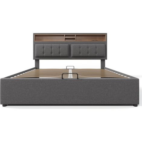Lit coffre rembourré en lin gris 160x200 cm avec tête de lit réglable, prises + USB/Type-C, sommier à lattes et matelas (1/5)