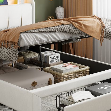 Lit coffre double 160x200cm, velours beige, tête de lit lumineuse LED, port USB intégré, rangement intégré, chargeur européen, literie moderne avec éclairage. (1/5)
