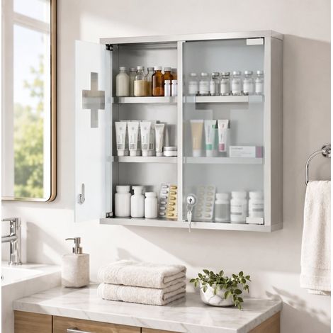 Armadietto portamedicinali da parete 48x46x12 cm in acciaio inox argento - MEUBLIV (1/5)