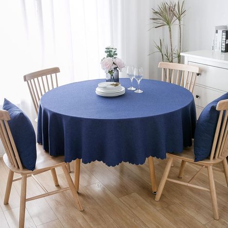 Tovaglia rotonda in cotone e lino tinta unita, resistente alle macchie, tovaglie da pranzo, 140 cm, blu (1/5)