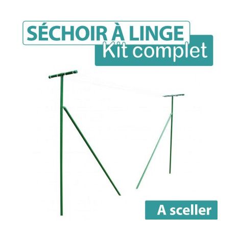Cloture & Jardin – Séchoir à linge extérieur en acier plastifié – Kit complet avec 2 piquets 2m et 4 longueurs de fil – Résistant aux intempéries