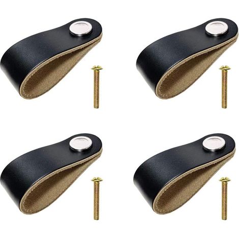 Poignée De Porte En Cuir - Trou Simple - 6.8 cm De Longueur Installée - Pour Armoire De Cuisine Tiroir Commode - Lot De 4 (1/5)