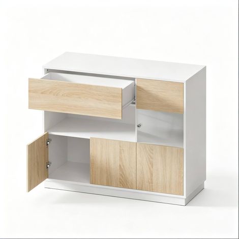 Buffet en bois imitation chêne clair et blanc 100x80x40 cm avec rangement sécurisé (1/5)