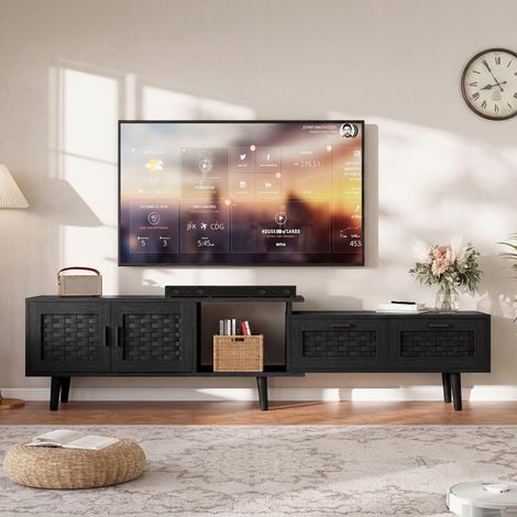 TV-Lowboard 146-180 cm - Ausziehbares und verstellbares TV-Möbel mit Türen in Rattanoptik und Schubladen - Holz und PVC, Schwarz