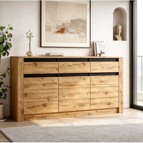 Sideboard 140x35x70 cm, commode de rangement à 3 tiroirs et 3 compartiments, en panneau de particules, couleur bois naturel (1/5)