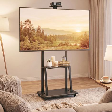Supporto TV mobile 32-75 pouces, hauteur réglable, étagère intégrée, meuble sur roulettes pour écran plat, support ajustable avec plateau, chariot TV universel. (1/5)