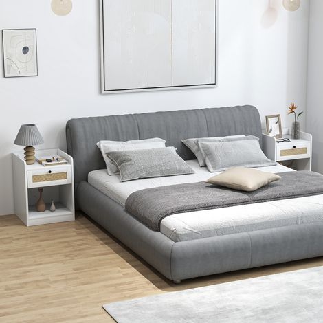 2er-Set Nachttische mit Schublade und Rattanfront, 40 x 40 x 53 cm, Weiß