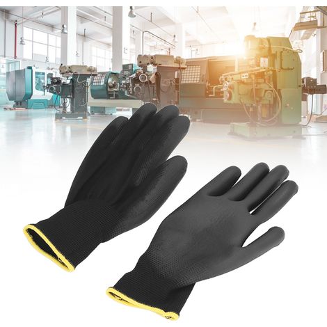Antistatisch beschichtete Nylonhandschuhe mit PU-beschichteter Handfläche und gelbem Rand, 10 Paar, schwarz, 7S. (1/5)