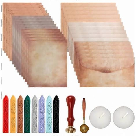 Ensemble de papeterie vintage de 42 pièces comprenant : lettres, enveloppes, tampon, papier à lettres, bâtonnets de cire, bougies chauffe-plat et cuillère. (1/5)