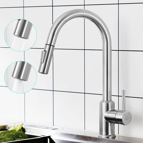 Mitigeur Cuisine avec Douchette Extractible, Robinet en Acier Inoxydable Brossé, Robinet Cuisine d'Évier 2 Modes de Sortie D'eau,EU Modèle